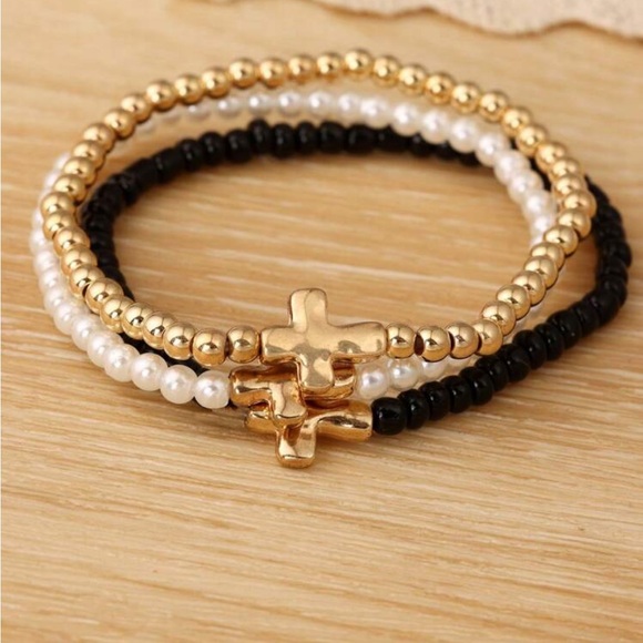 Elegant Gold Pearl and Black Beaded Bracelet Set with cross - Picture 1 of 4